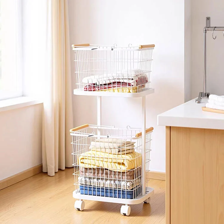 Panier à linge en fer de rangement pour salle de bain avec roulettes